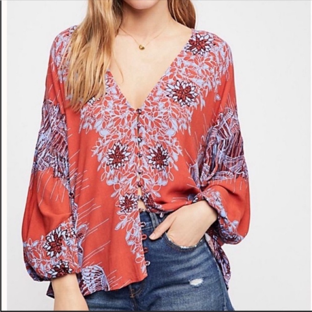 Free People Birds of a Feather Printed Top in Lava Combo NWOT
